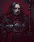 GRID THUMBNAIL — Dark fantasy portrait of a long-haired male warlock in crimson armour and fur mantle, holding a skull-topped staff against a deep red background.
