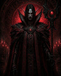GRID THUMBNAIL — Pale vampire warlock in baroque black armour holding an ornate staff amid red candles and gothic tracery, illuminated by blood-red firelight.