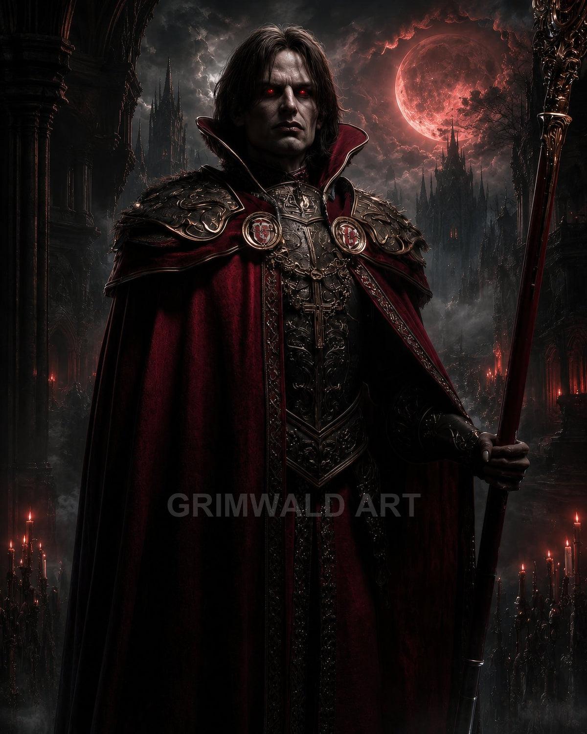 Gothic vampire noble in ornate red cloak and dark armour holding a staff before a blood-red moon and spired cathedral city at night.