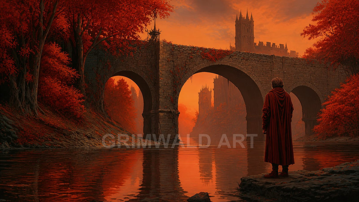 A cloaked figure stands by a reflective river beneath a stone arched bridge, red autumn trees and a distant gothic castle at sunset.