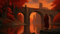 GRID THUMBNAIL — A cloaked figure stands by a reflective river beneath a stone arched bridge, red autumn trees and a distant gothic castle at sunset.