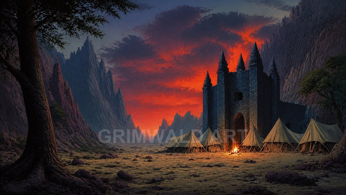 Fantasy valley with jagged mountains, stone fortress and spired gate, ring of tents and a campfire, dramatic red sunset sky with dark clouds.