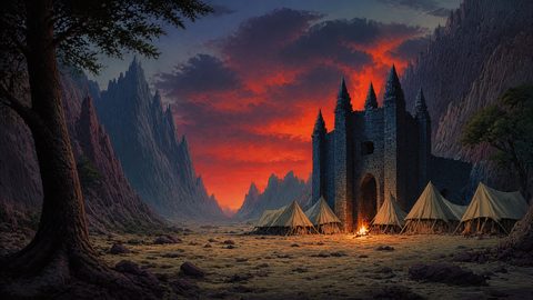 GRID THUMBNAIL — Fantasy valley with jagged mountains, stone fortress and spired gate, ring of tents and a campfire, dramatic red sunset sky with dark clouds.