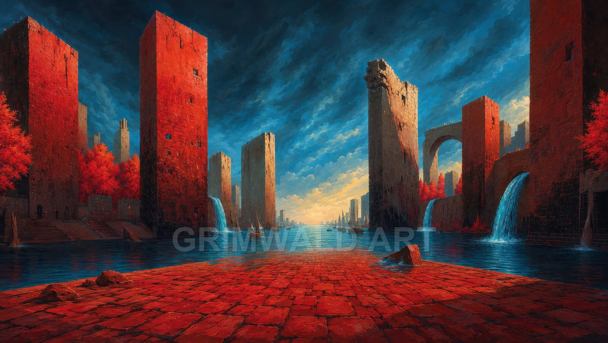 A vast canal flanked by towering red stone keeps, arched bridge and waterfalls, with crimson trees and distant sailboats under dramatic, glowing clouds.