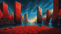 GRID THUMBNAIL — A vast canal flanked by towering red stone keeps, arched bridge and waterfalls, with crimson trees and distant sailboats under dramatic, glowing clouds.