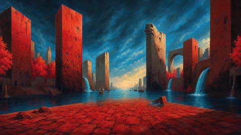GRID THUMBNAIL — A vast canal flanked by towering red stone keeps, arched bridge and waterfalls, with crimson trees and distant sailboats under dramatic, glowing clouds.