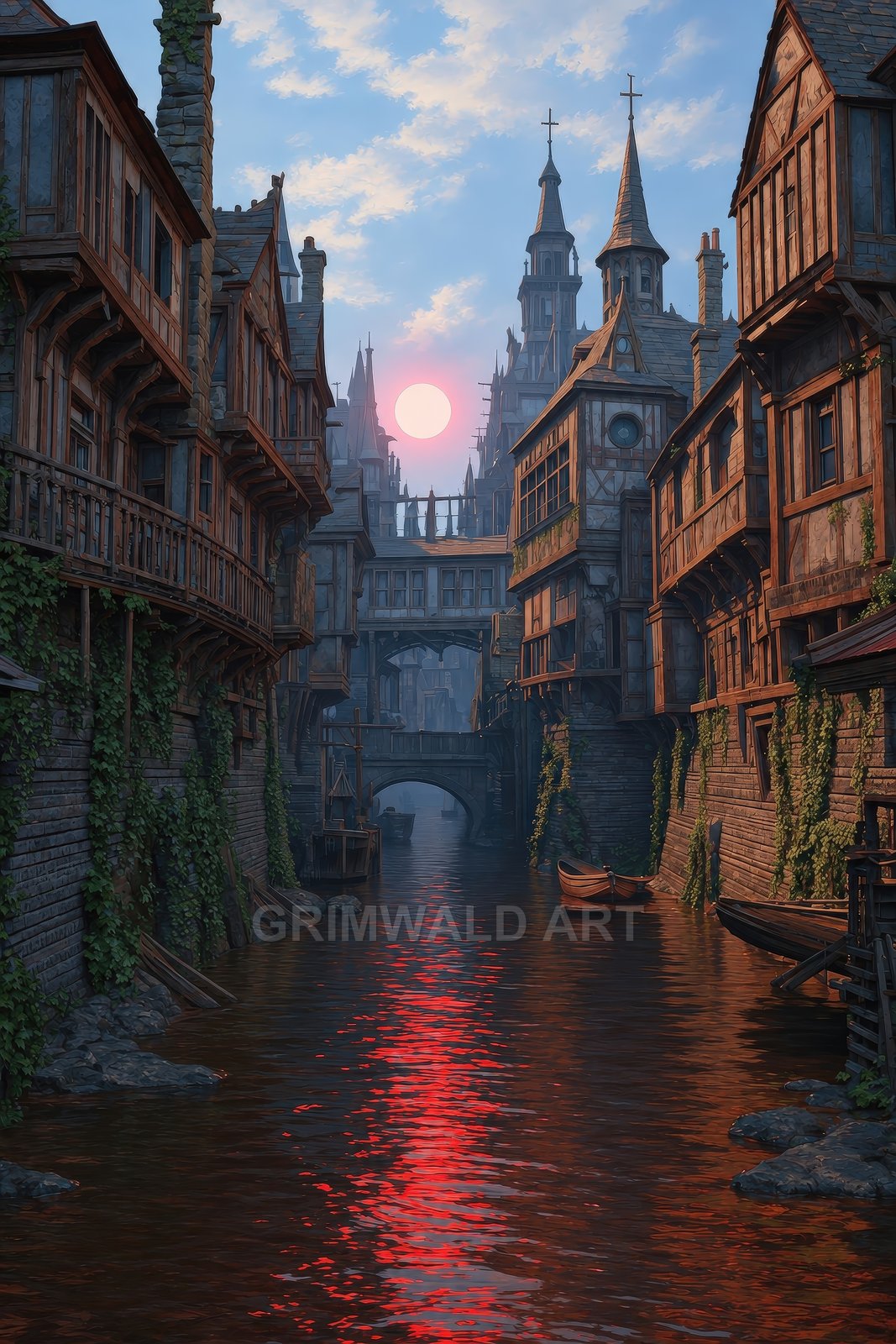 A narrow medieval canal lined with timber-framed houses and ivy, with a red sun reflecting on the water beneath gothic spires and bridges.