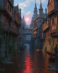GRID THUMBNAIL — A narrow medieval canal lined with timber-framed houses and ivy, with a red sun reflecting on the water beneath gothic spires and bridges.