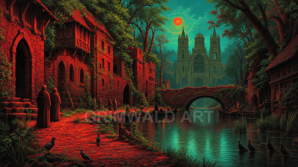 Medieval canal with red-brick buildings, hooded figures and boats, an arched stone bridge, and a grand gothic cathedral beneath an eerie red sun.