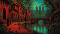 GRID THUMBNAIL — Medieval canal with red-brick buildings, hooded figures and boats, an arched stone bridge, and a grand gothic cathedral beneath an eerie red sun.