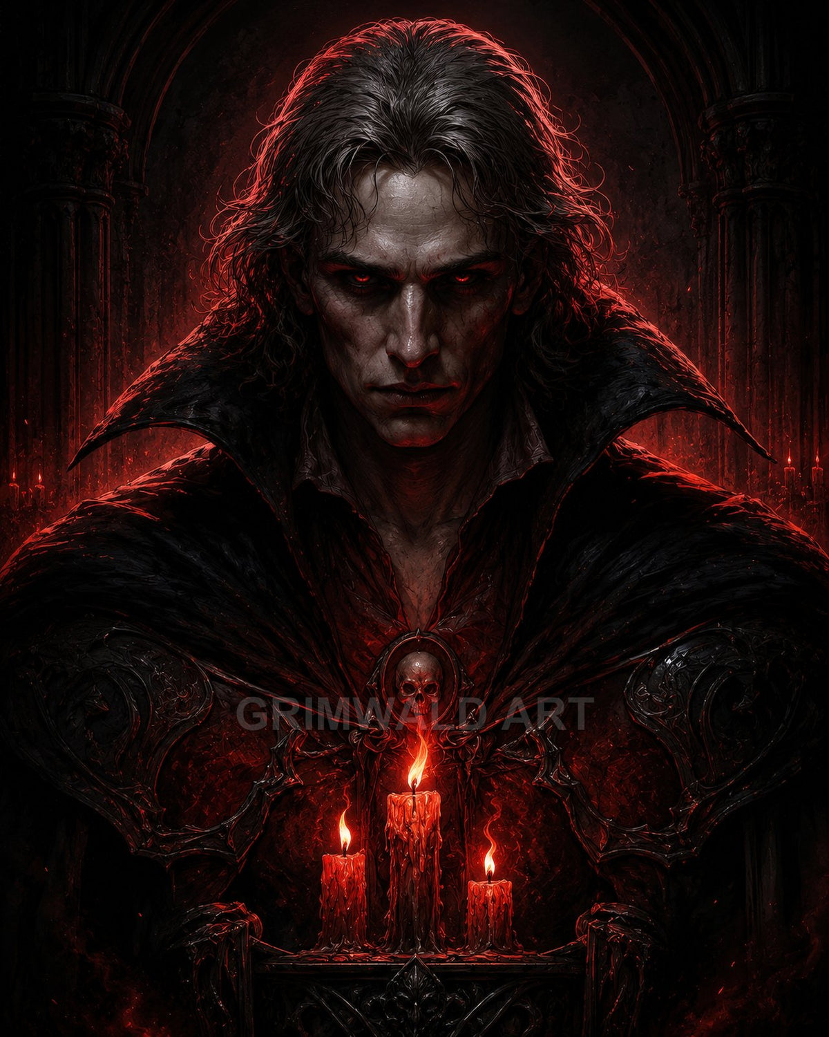 Pale, red-eyed male vampire in dark gothic armour before three burning red candles, in a shadowy cathedral interior with ominous red glow.