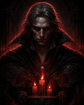 GRID THUMBNAIL — Pale, red-eyed male vampire in dark gothic armour before three burning red candles, in a shadowy cathedral interior with ominous red glow.