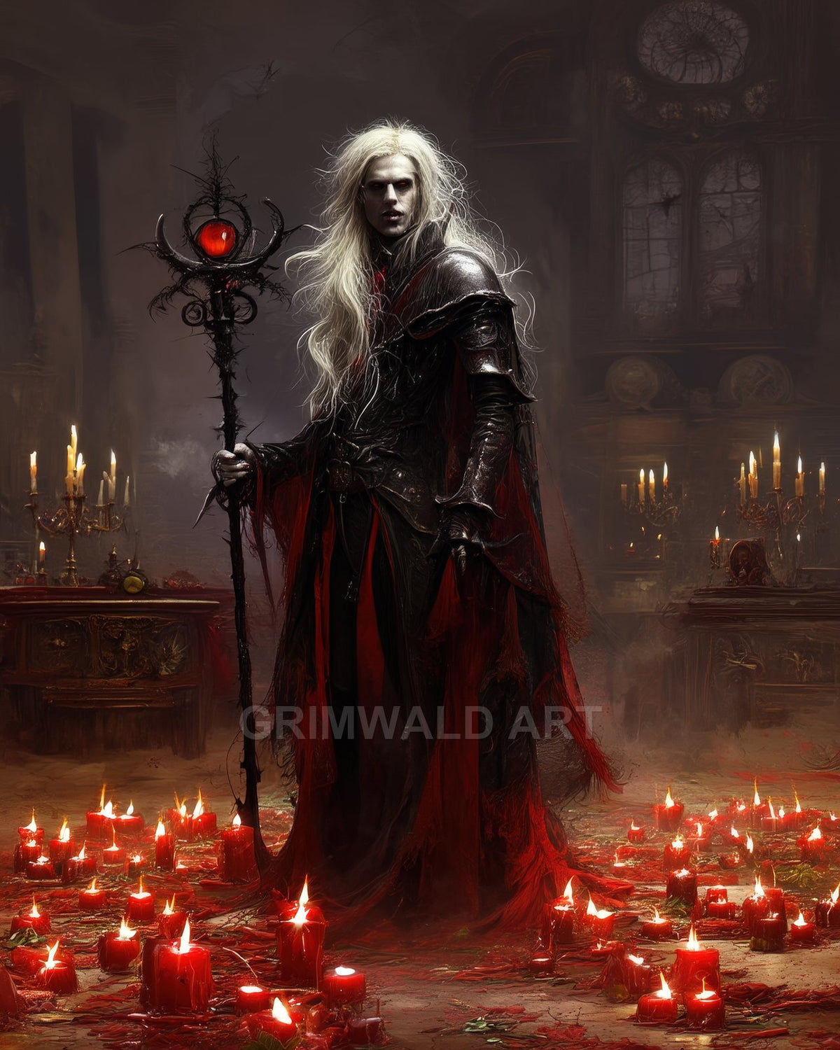 Vampire warlock with long white hair holds a spiked staff crowned by a red orb, surrounded by burning red candles in gothic cathedral interior.