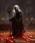GRID THUMBNAIL — Vampire warlock with long white hair holds a spiked staff crowned by a red orb, surrounded by burning red candles in gothic cathedral interior.