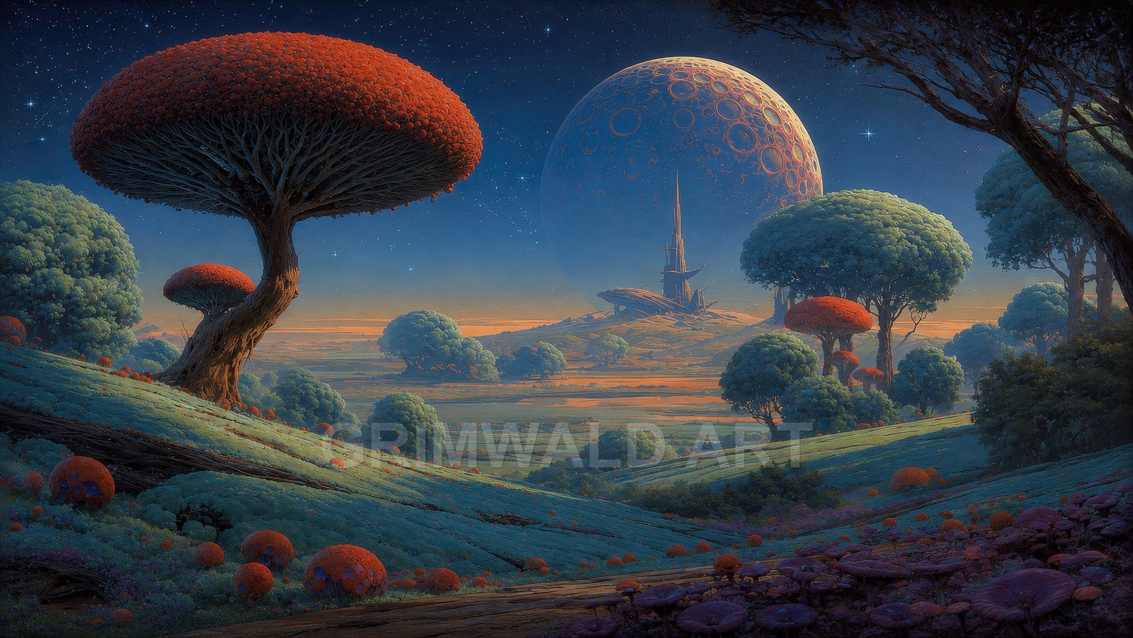 A dreamy alien landscape with red-capped trees, teal rolling hills, a towering spire, and a cratered moon rising under a starlit twilight sky.