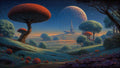 GRID THUMBNAIL — A dreamy alien landscape with red-capped trees, teal rolling hills, a towering spire, and a cratered moon rising under a starlit twilight sky.