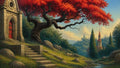 GRID THUMBNAIL — A gnarled tree with vivid red leaves arches over a stone chapel on a sunlit hillside, with a brook and distant spired tower.