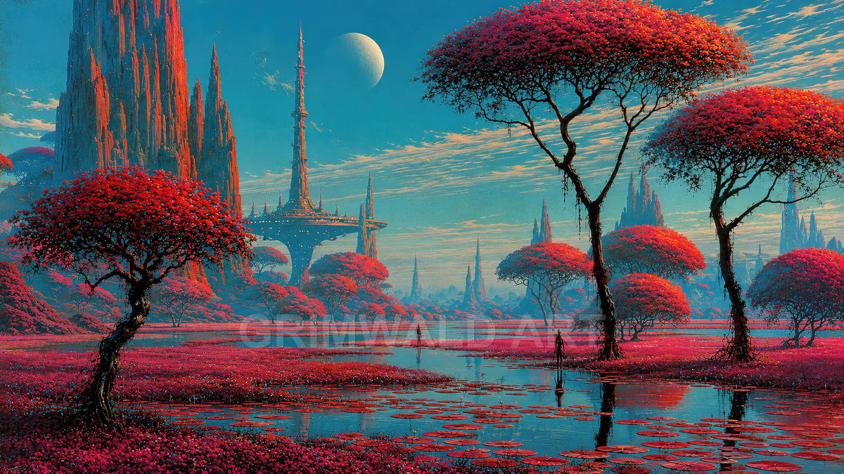 An alien wetland with crimson trees and reflective water lilies, beneath teal daylight skies, needle-like spires and a ringed tower, distant moon overhead.