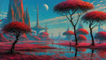 GRID THUMBNAIL — An alien wetland with crimson trees and reflective water lilies, beneath teal daylight skies, needle-like spires and a ringed tower, distant moon overhead.