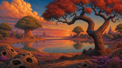 GRID THUMBNAIL — Fantastical sunset landscape with a gnarled red-leaved tree beside a tranquil lake, bulbous rock formations, rounded trees, and distant spired mountains reflecting in water.