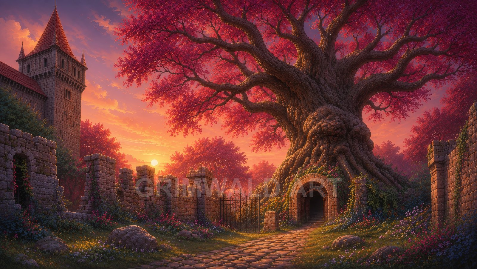 Giant ancient tree with pink foliage beside castle ruins at sunset, a cobblestone path leading to an arched doorway and wrought-iron gate.