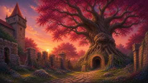GRID THUMBNAIL — Giant ancient tree with pink foliage beside castle ruins at sunset, a cobblestone path leading to an arched doorway and wrought-iron gate.