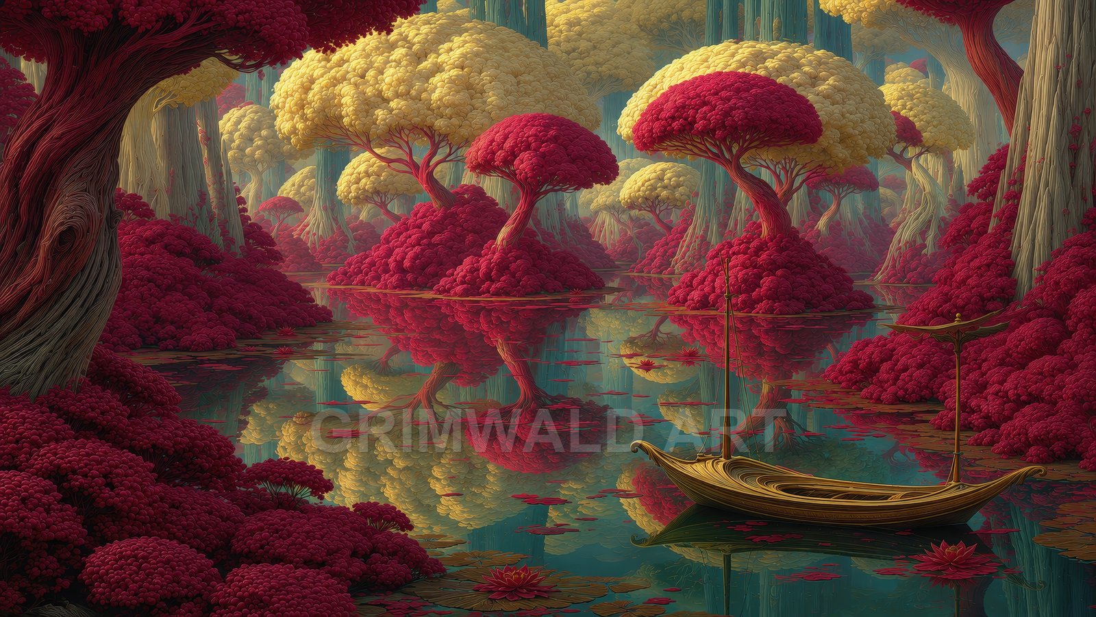 A golden wooden boat floats on a tranquil forest lagoon, ringed by bulbous red and pale-yellow trees, mirrored in clear teal water.