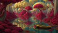 GRID THUMBNAIL — A golden wooden boat floats on a tranquil forest lagoon, ringed by bulbous red and pale-yellow trees, mirrored in clear teal water.