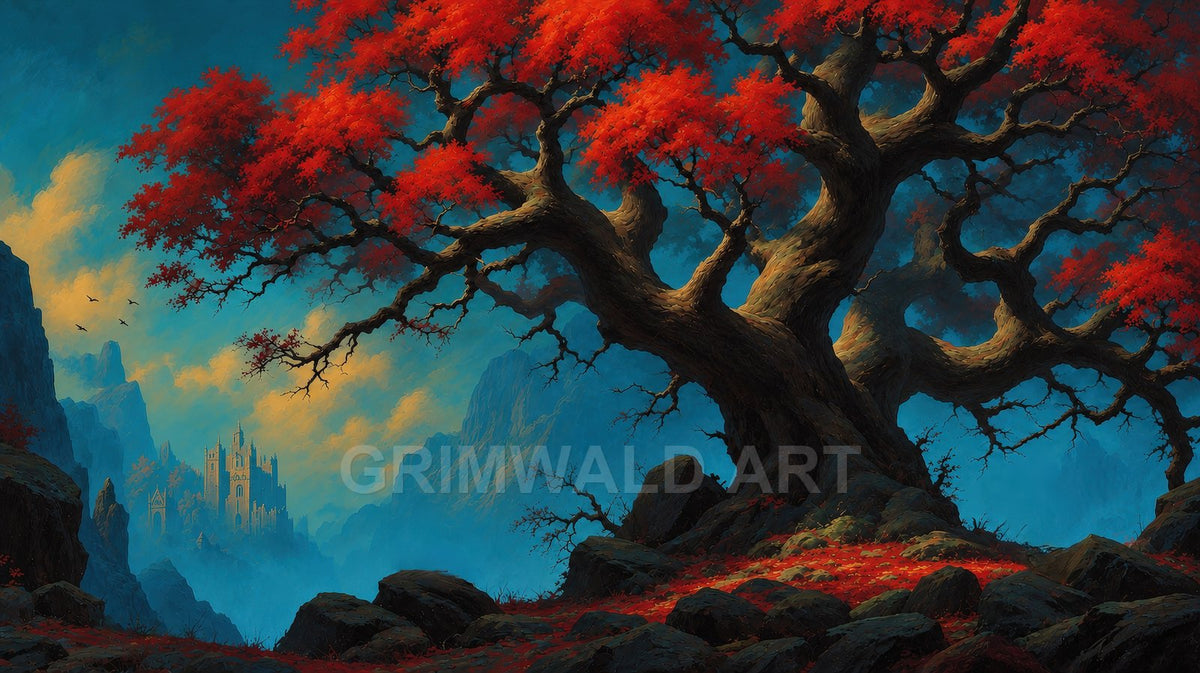 Ancient gnarled tree with vivid red leaves overlooks a misty mountain valley and distant castle under golden clouds and teal light.