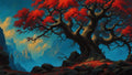 GRID THUMBNAIL — Ancient gnarled tree with vivid red leaves overlooks a misty mountain valley and distant castle under golden clouds and teal light.