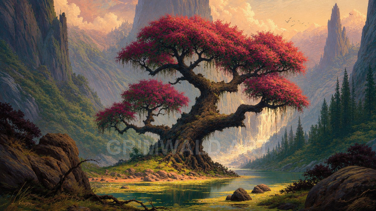 A gnarled tree with crimson blossoms arches over an emerald river in a steep mountain valley, glowing waterfall and warm golden light.