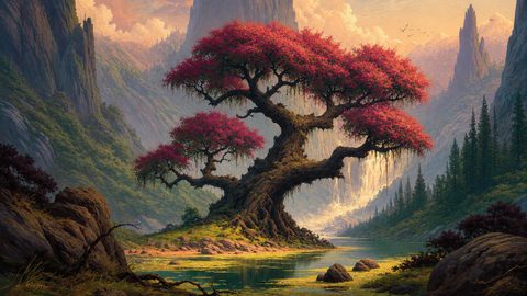 GRID THUMBNAIL — A gnarled tree with crimson blossoms arches over an emerald river in a steep mountain valley, glowing waterfall and warm golden light.