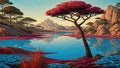 GRID THUMBNAIL — Retro fantasy landscape of an azure lake reflecting rocky hills, with a leaning magenta-canopied tree, pink shore plants, and warm golden-hour sky.