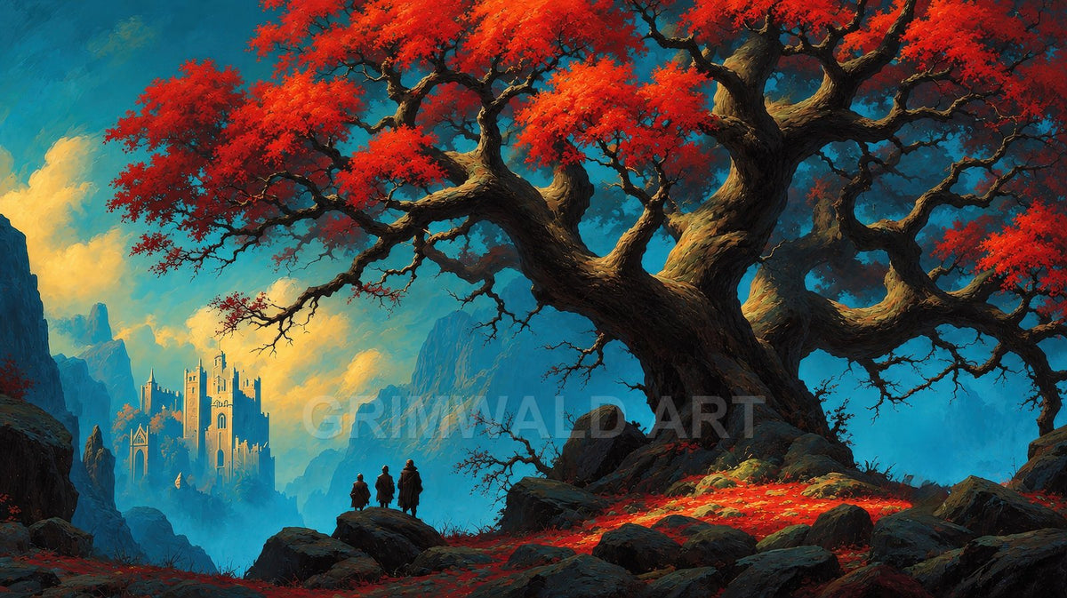 Vast ancient tree with vivid red leaves overlooks misty mountains and a distant castle, as three travellers stand on rocky ground at golden-hour light.