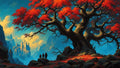 GRID THUMBNAIL — Vast ancient tree with vivid red leaves overlooks misty mountains and a distant castle, as three travellers stand on rocky ground at golden-hour light.
