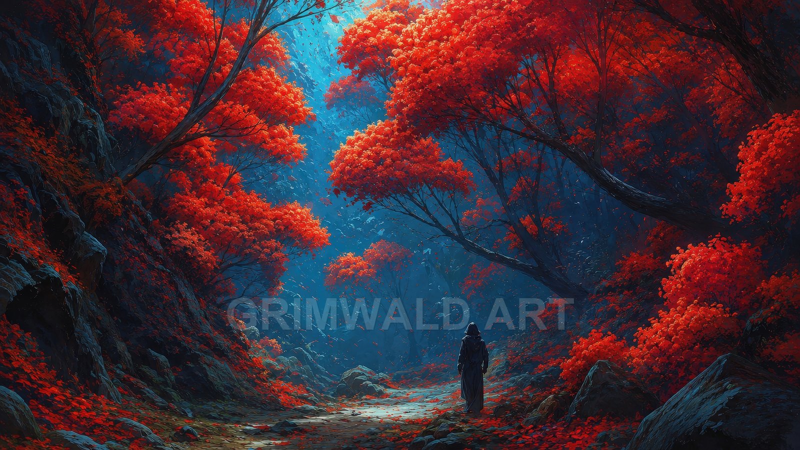 A hooded figure walks along a rocky forest path beneath glowing red-leaved trees, blue misty light filtering down a shadowy ravine.
