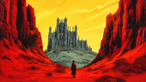GRID THUMBNAIL — A lone cloaked figure stands in a red canyon, looking toward a distant gothic castle beneath a blazing golden sky framed by towering cliffs.