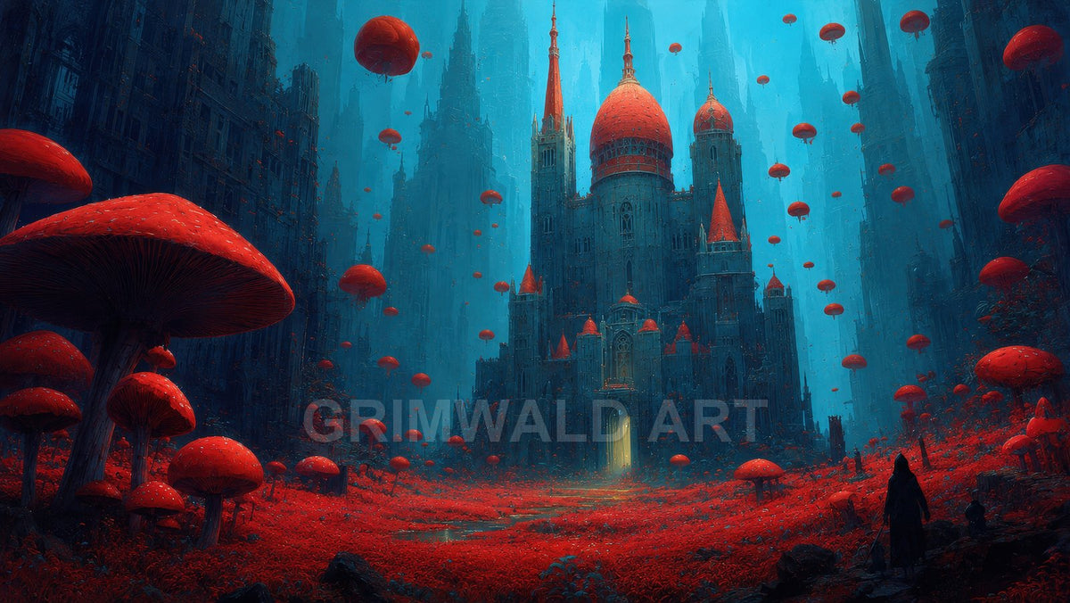 Gothic castle with glowing doorway rises amid towering cliffs and floating red mushrooms above a crimson mushroom field under twilight blue light.