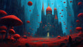GRID THUMBNAIL — Gothic castle with glowing doorway rises amid towering cliffs and floating red mushrooms above a crimson mushroom field under twilight blue light.