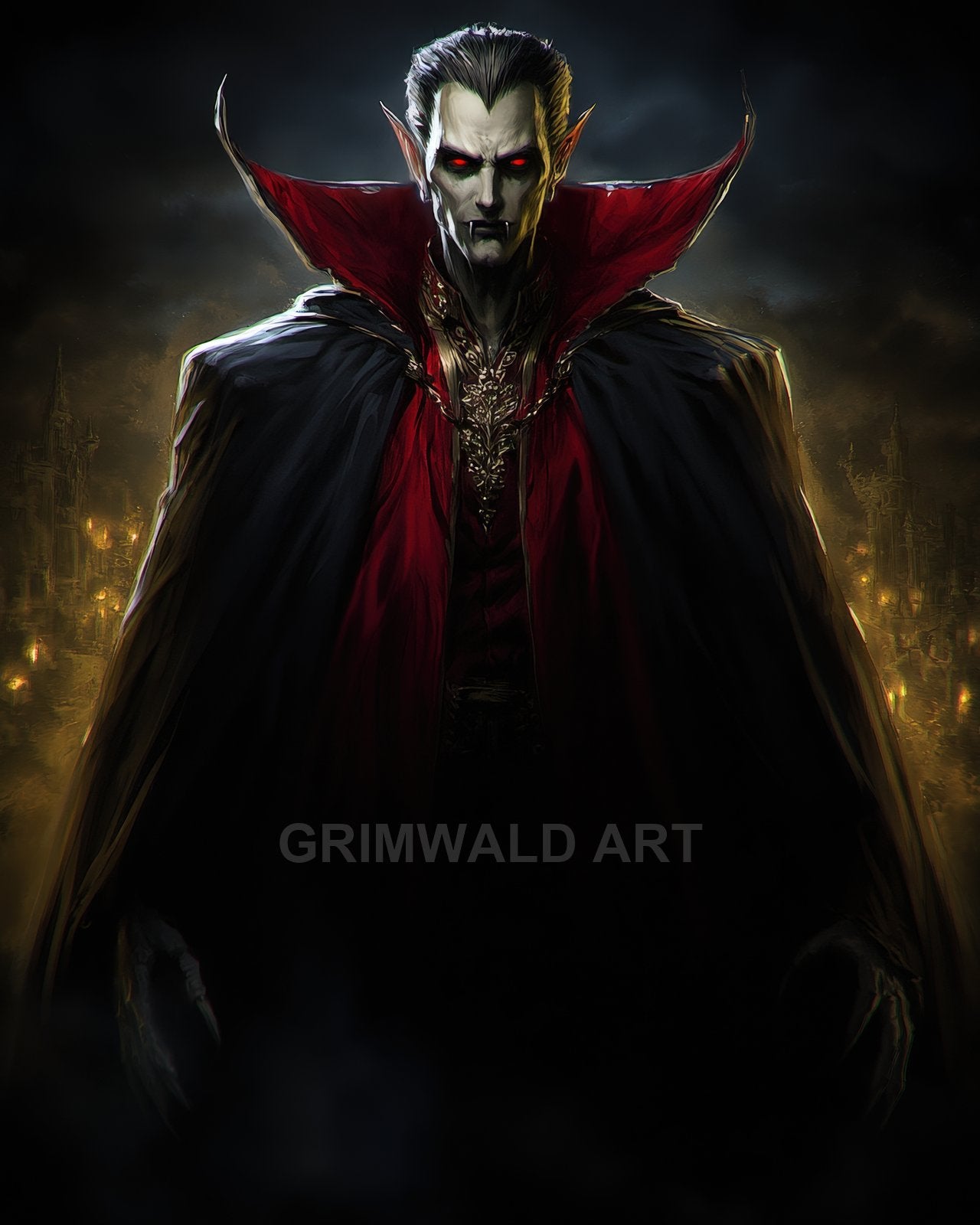 Tall vampire in a black cloak with red lining and glowing red eyes stands before a dimly lit castle at night.