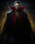 GRID THUMBNAIL — Tall vampire in a black cloak with red lining and glowing red eyes stands before a dimly lit castle at night.
