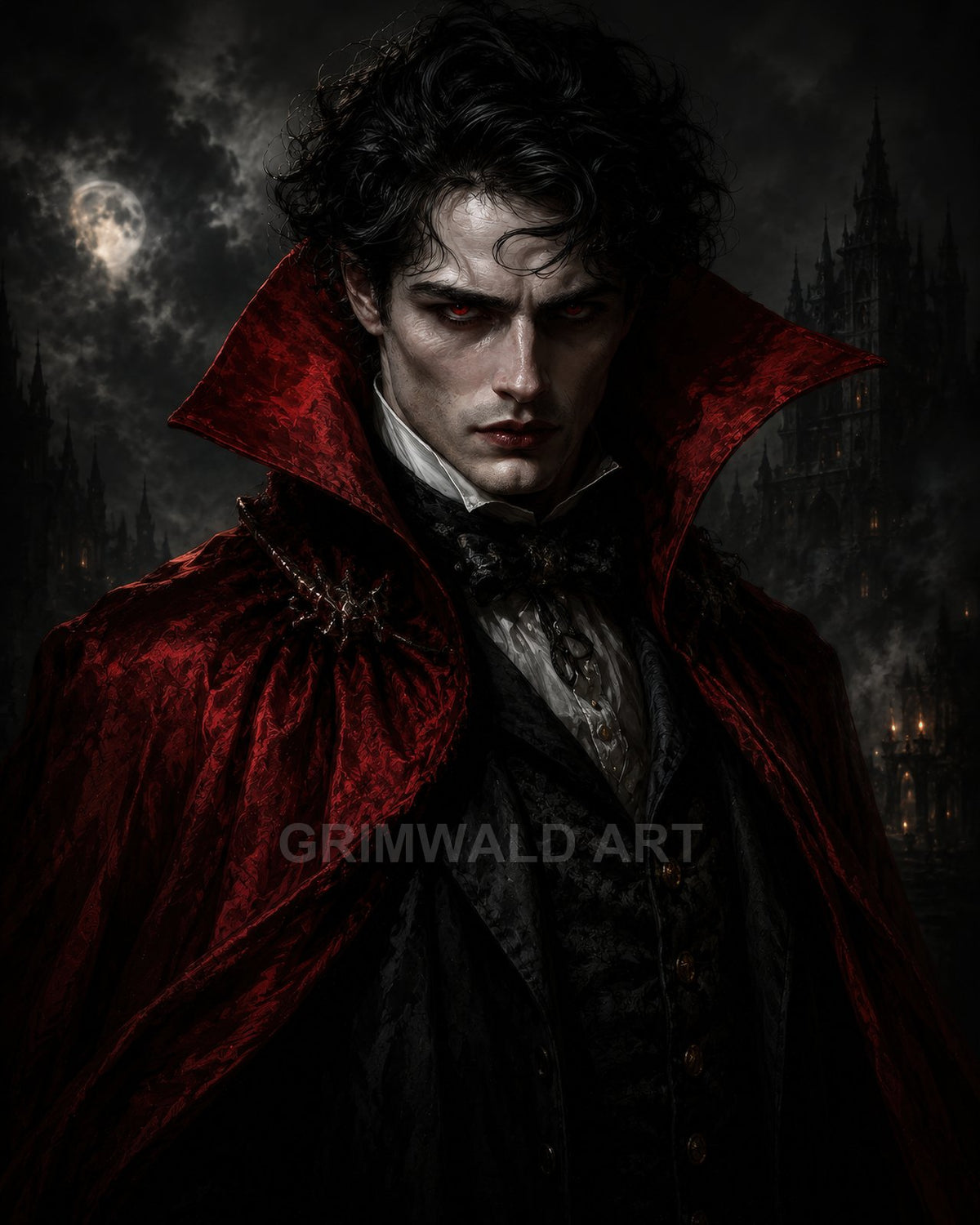 Pale male vampire with red eyes in ornate red cloak and black waistcoat, moonlit gothic castle and stormy clouds looming behind.