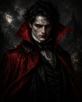GRID THUMBNAIL — Pale male vampire with red eyes in ornate red cloak and black waistcoat, moonlit gothic castle and stormy clouds looming behind.