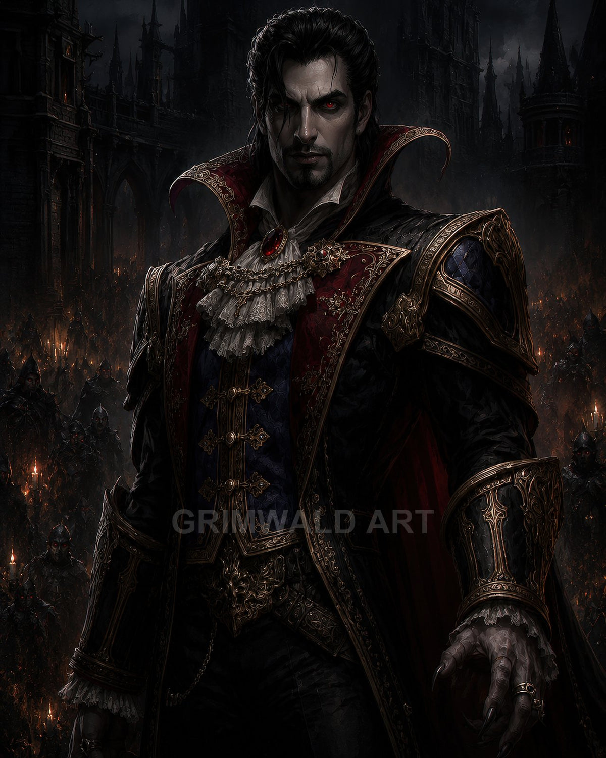Gothic vampire noble with red eyes and ornate gold-trimmed attire stands before a dark castle and torchlit army at night.