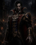 GRID THUMBNAIL — Gothic vampire noble with red eyes and ornate gold-trimmed attire stands before a dark castle and torchlit army at night.