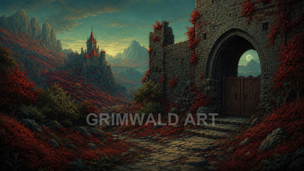 A moonlit medieval castle across a valley of red foliage, seen from a crumbling stone gate and cobbled path amid jagged mountains.