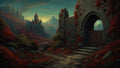 GRID THUMBNAIL — A moonlit medieval castle across a valley of red foliage, seen from a crumbling stone gate and cobbled path amid jagged mountains.