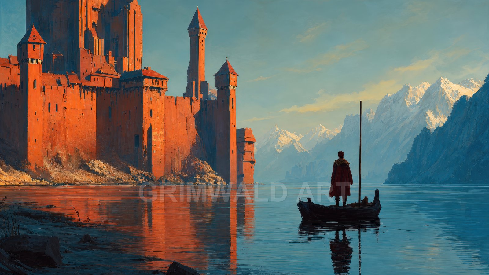 A lone cloaked figure stands in a small boat before a vast red castle, reflected on a calm lake beneath snowy mountains at golden hour.