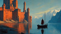 GRID THUMBNAIL — A lone cloaked figure stands in a small boat before a vast red castle, reflected on a calm lake beneath snowy mountains at golden hour.