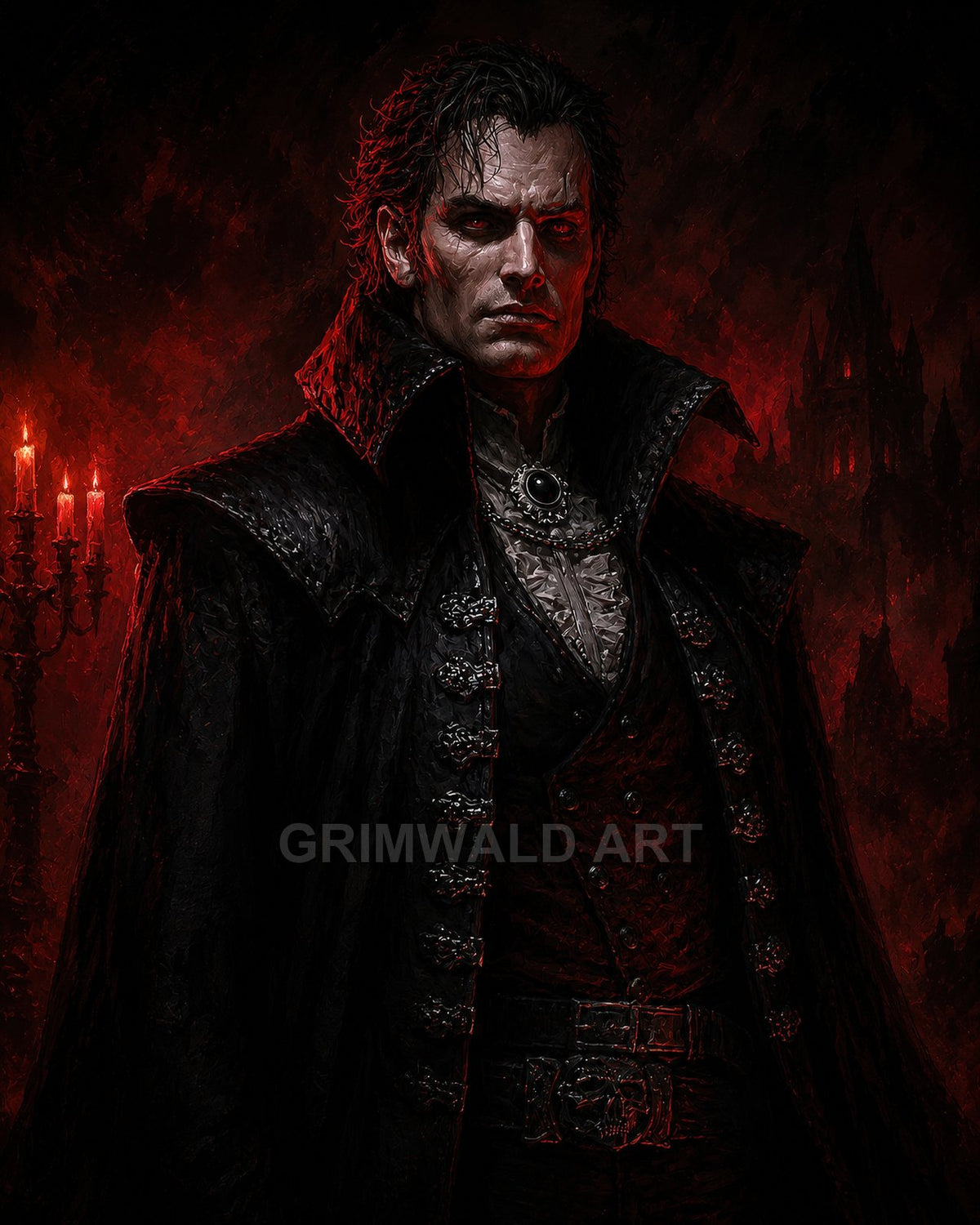 Pale male vampire in ornate black coat stands before a blood-red castle backdrop, candlelight flickering beside him, eyes glowing with menace.